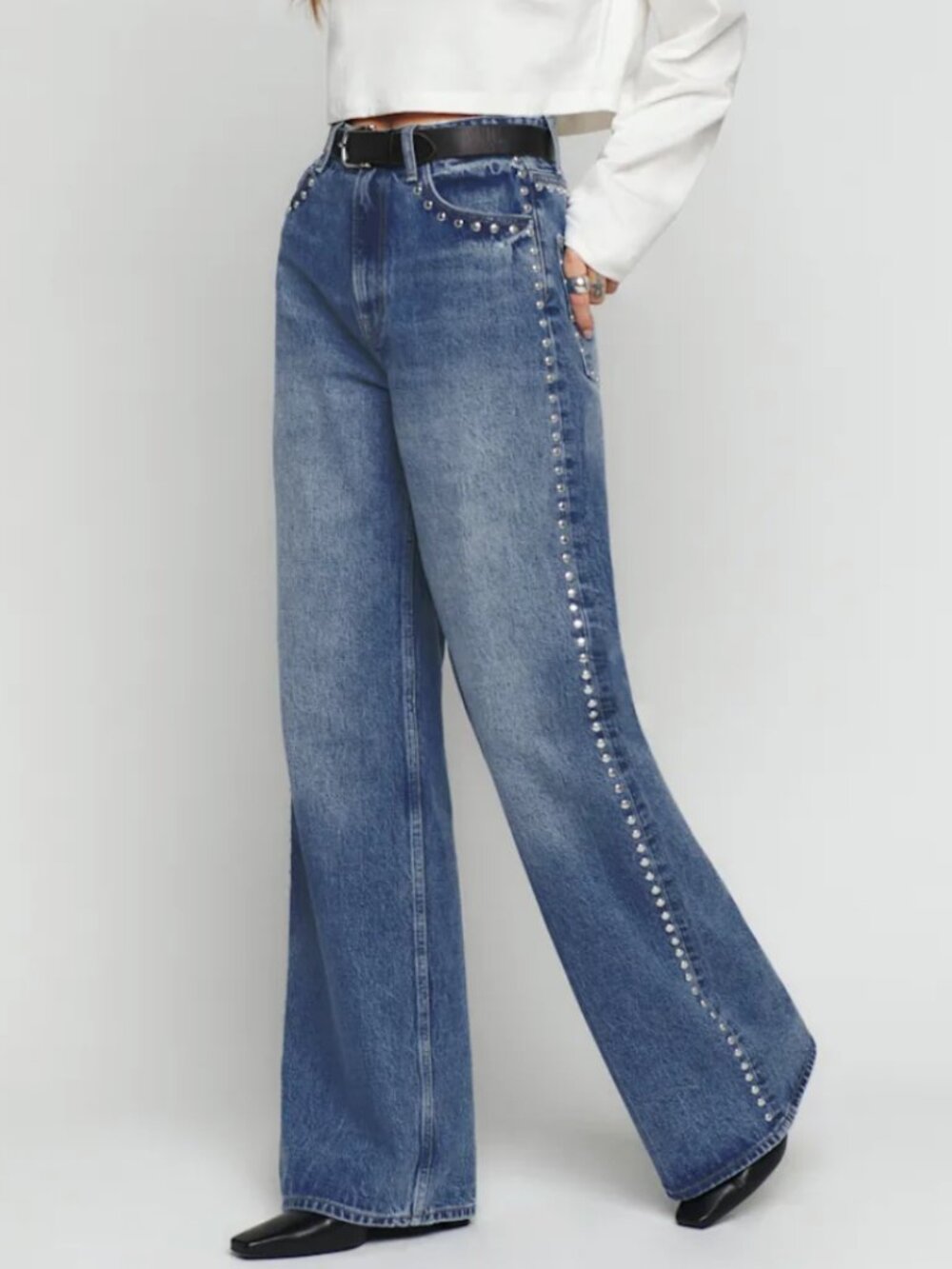 Reformation Cary High Rise Slouchy Wide Leg Jeans in Chesapeake Studded